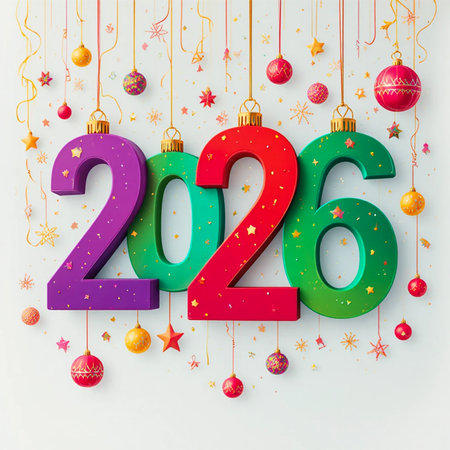 Hanging 3D numbers for the year 2026 decorated with festive holiday ornaments and confetti.の素材