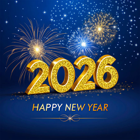 Golden 3D numbers for 2026 celebrate the New Year with a vibrant fireworks display.の素材
