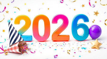 Brightly colored 2026 numbers surrounded by confetti, party hats, and balloons.の素材