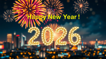 Vibrant fireworks explode over a city skyline celebrating the arrival of the year 2026.の素材