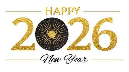 A festive 'Happy New Year 2026' design with glittering gold numbers and a stylized sun.の素材