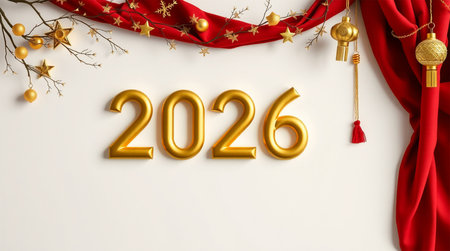 Shiny gold balloons spell out 2026, adorned with red fabric and traditional Chinese New Year ornaments.の素材