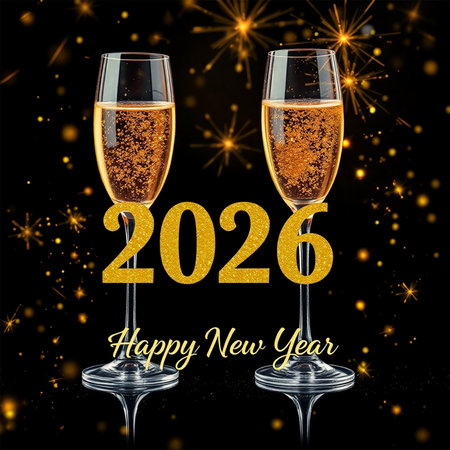Two glasses of champagne with the year 2026 and fireworks in the background.の素材