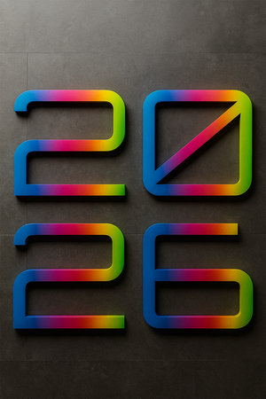 Brightly colored numbers forming 2025 on a dark textured surface.の素材
