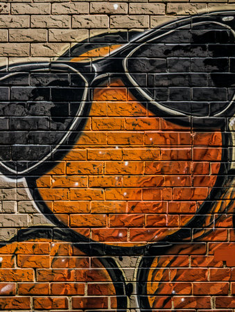 A vibrant graffiti artwork depicts a stylized orange wearing cool sunglasses, painted directly onto a textured brick wall.の素材