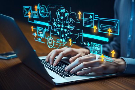 Hands typing on a laptop with a vibrant, complex holographic display of data and connections floating above.の素材