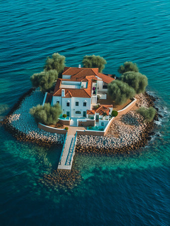 An aerial view of a charming villa on a small island, accessible by a wooden pier, nestled in calm, turquoise waters.の素材