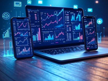 A laptop and two smartphones display complex financial trading charts and data with a futuristic blue glow.の素材