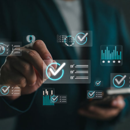 A person in a suit uses a digital interface displaying checklists, graphs, and data. This represents modern business operations and data analysis.の素材