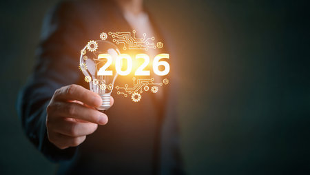 A person's hand holds a lightbulb with the year 2026 glowing brightly, symbolizing future innovation and ideas.の素材