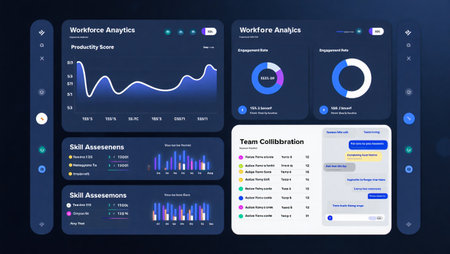 A sleek dark mode digital interface displays financial analytics, including line graphs, donut charts, and detailed tables for business insights.の素材