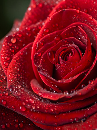 A macro view of a vibrant red rose, its velvety petals adorned with glistening water droplets, showcasing intricate details.の素材