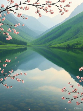 A tranquil mountain landscape with a still lake reflecting lush green hills and delicate pink cherry blossoms in the foreground.の素材