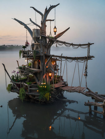 An intricate, multi-level treehouse built on a floating platform, illuminated by warm lights, sits on tranquil water as twilight descends.の素材