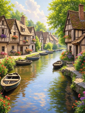 A picturesque canal flows through a quaint village lined with timber-framed houses, colorful flowers, and moored boats under a bright sky.の素材