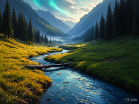 A breathtaking landscape featuring a clear river flowing through a lush green valley, surrounded by towering mountains and an ethereal aurora.の素材