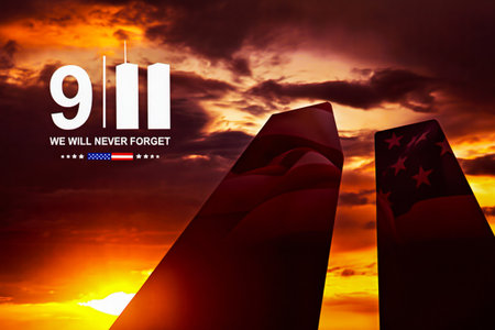 A powerful image of the 9/11 memorial at sunset, with the Twin Towers' silhouette against a dramatic sky. We will never forget.の素材