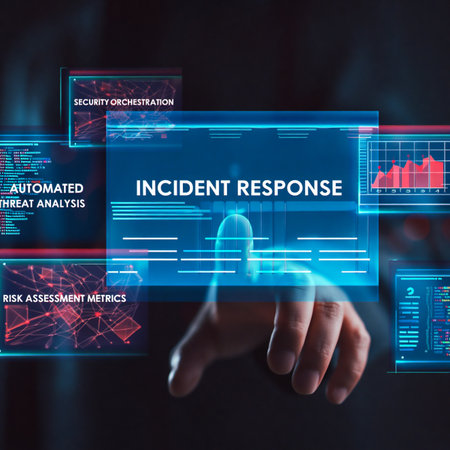 A finger touches a holographic screen showing incident response data with graphs and alerts, symbolizing digital security and analysis.の素材