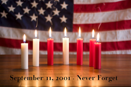 A solemn tribute featuring lit candles of varying colors and an American flag in the background, with text reading September 11 2001 Never Forget.の素材