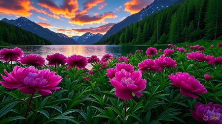A breathtaking landscape featuring a calm lake reflecting a fiery sunset, with lush green mountains and a foreground of blooming pink peonies.の素材