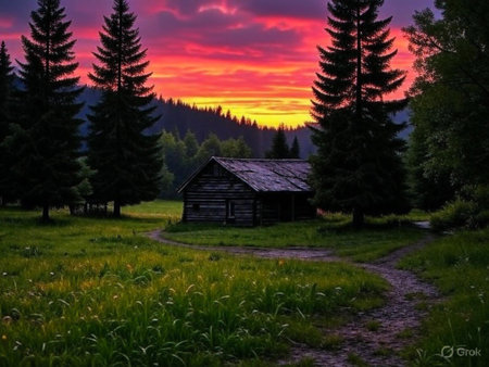 A solitary wooden cabin sits nestled in a grassy clearing, surrounded by tall evergreen trees, bathed in the vibrant hues of a dramatic sunset.の素材