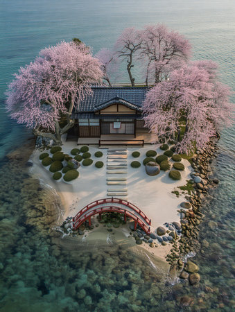 An aerial view of a tranquil Japanese shrine nestled on a small island, adorned with vibrant pink cherry blossoms in full bloom.の素材
