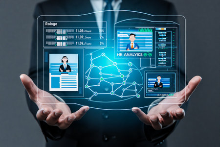 A person in a suit holds a transparent screen displaying profiles and data, suggesting advanced HR technology and data visualization.の素材