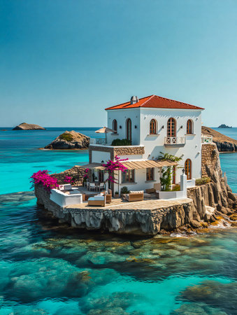 A beautiful white villa with red tile roofs sits on a rocky outcrop surrounded by vibrant turquoise and clear blue ocean water.の素材