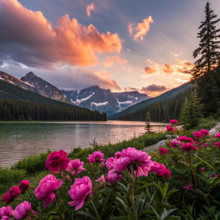 A stunning sunset illuminates a tranquil mountain lake, with vibrant pink flowers in the foreground and dramatic clouds overhead.の素材