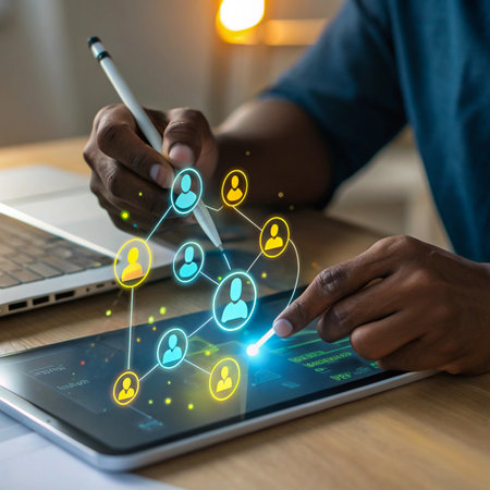 A person interacts with a glowing digital network of people icons on a tablet, symbolizing social media and connectivity.の素材
