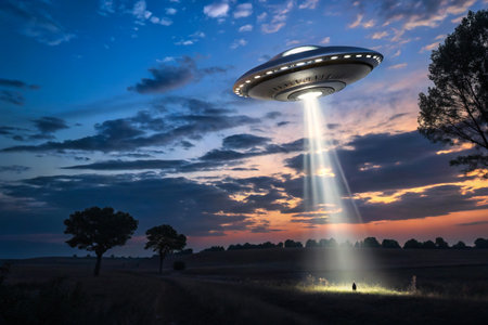 A classic flying saucer hovers in the twilight sky, emitting a bright beam of light onto the dark landscape below.の素材