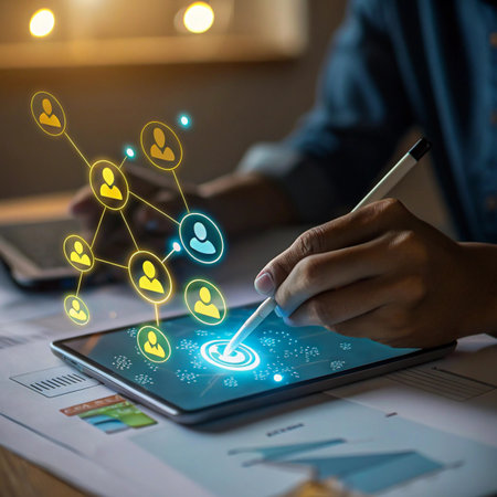 A person interacts with a glowing digital network of people icons on a tablet, symbolizing connection and growth.の素材