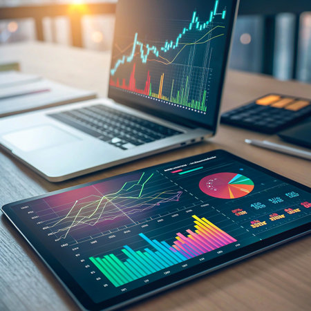 A laptop and tablet display vibrant financial charts, graphs, and data, suggesting market analysis and trading on a desk.の素材