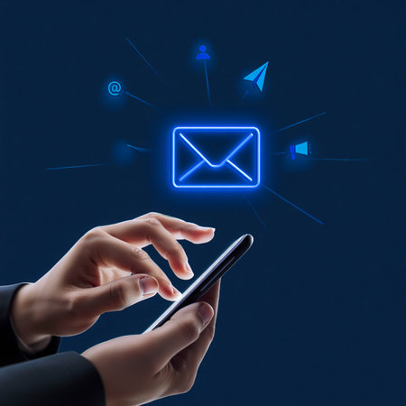 Close-up of hands holding a smartphone with a bright blue neon email icon and paper airplane graphics against a dark blue background.の素材