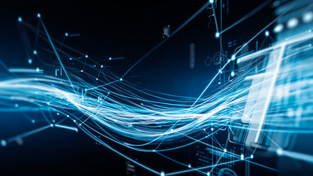 A dynamic, abstract visualization of interconnected lines and nodes, depicting a flowing digital network with bright blue light trails.の素材