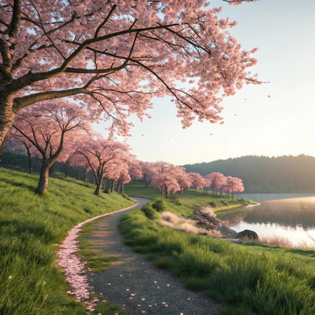 A winding dirt path leads through a grassy landscape adorned with rows of vibrant pink cherry blossom trees under a soft, sunlit sky.の素材