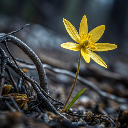 A single, vibrant yellow wildflower with delicate petals stands tall against a backdrop of dark, textured forest floor and branches.の素材