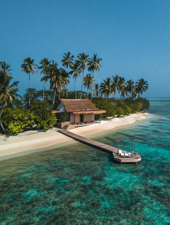 An aerial view of a secluded tropical island featuring a charming bungalow, a wooden pier, and lush palm trees surrounded by clear turquoise waters.の素材