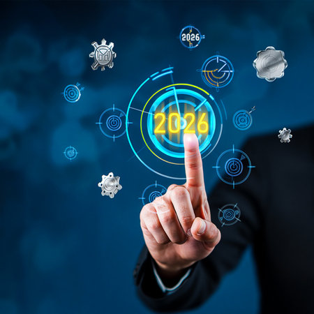 A hand points to a glowing 2025 on a digital screen surrounded by futuristic icons and a dark blue background.の素材