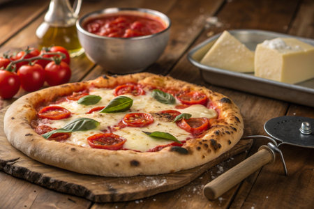 A freshly baked Margherita pizza sits on a wooden board surrounded by fresh tomatoes, cheese, and a bowl of sauce.の素材