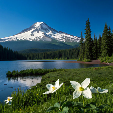 White trillium flowers in the foreground with a calm lake and a majestic snow-covered mountain in the background, surrounded by evergreen trees.の素材