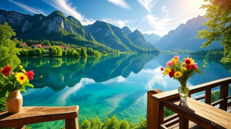 A breathtaking view of a tranquil mountain lake reflecting the sky and surrounding lush green landscape, framed by vibrant flowers.の素材