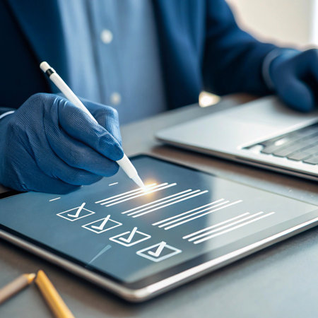 A person wearing blue gloves uses a stylus to sign a digital document on a tablet screen next to a laptop.の素材