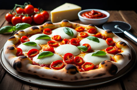 A freshly baked Margherita pizza with mozzarella, tomatoes, and basil, surrounded by ingredients on a rustic wooden surface.の素材