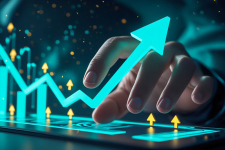 A close-up of a hand interacting with a vibrant, glowing blue upward trending stock market graph on a futuristic digital display.の素材