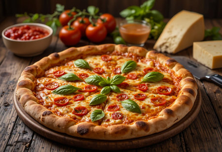 A whole Margherita pizza with fresh basil, cherry tomatoes, and melted cheese sits on a rustic wooden table, surrounded by ingredients.の素材