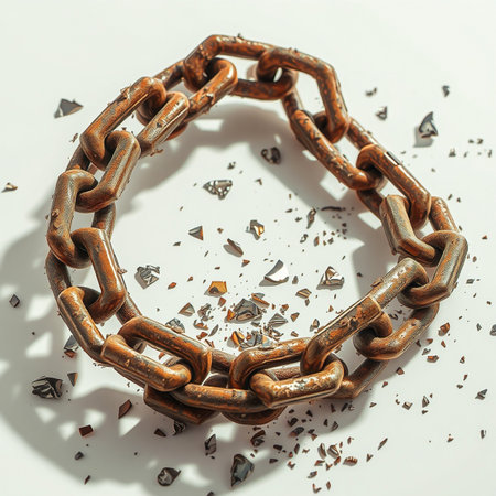 A circular arrangement of old, rusty metal chain links lies on a white surface, surrounded by small fragments of debris.の素材