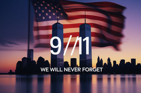 A poignant tribute to 9/11, featuring the Twin Towers, an American flag, and the phrase 'We Will Never Forget'.の素材