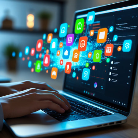 Hands typing on a laptop as a stream of colorful digital app icons emanates from the screen, symbolizing connectivity and technology.の素材