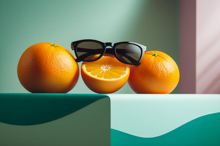 Three oranges, one halved, are arranged with sunglasses on a pastel geometric surface, creating a vibrant, summery still life.の素材